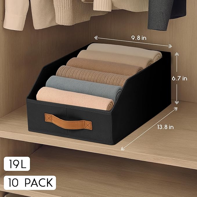 Homsorout Fabric Storage Bins for Organizing - 10 Pack Large Trapezoid Collapsible Storage Bins with Front Handle, Closet Organizers and Storage for Bedroom, Home Shelves, Small Spaces, Black