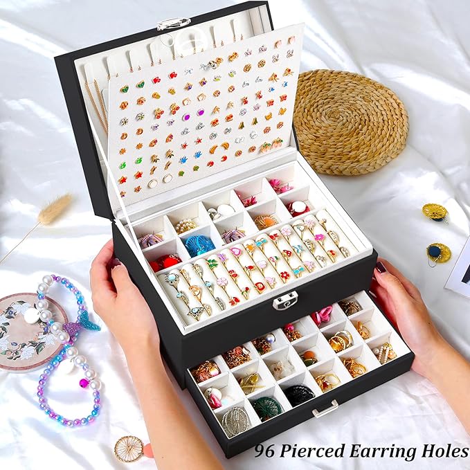 QBestry Earring Jewelry Box for Women Girls Stud Organizer, 5 Layers Black Jewelry Organizer Box With Lock Necklaces and Earrings Holder Jewelry Box with Earring Organizxer for Women Girls Xmas Gifts