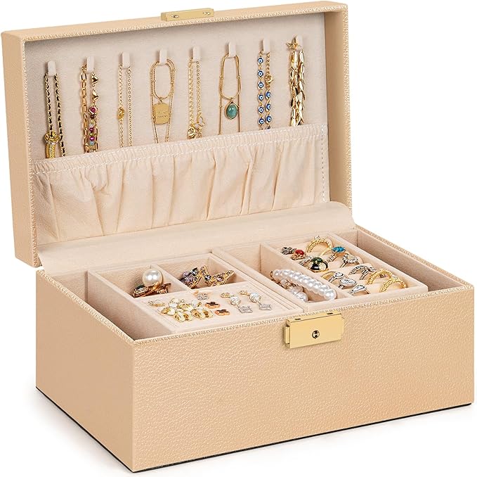 AKOZLIN Travel Jewelry Box Organizer Functional 2-trays Leather Jewelry Storage Case with Lockable Portable for Women Girls Ring Necklace Earring Bracelet Champagne