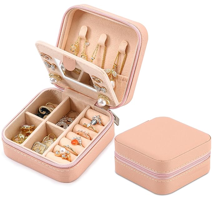 Neveika Jewelry Box with Mirror,Small Jewelry Organizer Box，Travel Jewelry Case for Women，Gift Jewelry Boxes for Female Girls (2pcs mirror pink)
