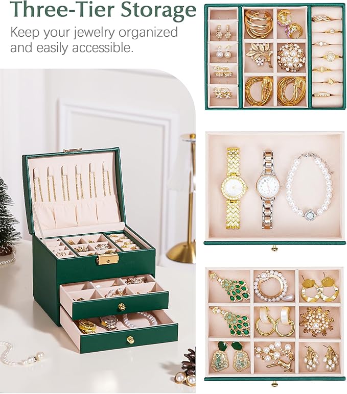 Homde Mothers Day Gifts Small Girls Jewelry Box with Lock: 3 Layer Organizer with Removable Tray - Storage for Ring Necklace Earring - Birthday & Return Gifts for Young Women (Midnight Green)