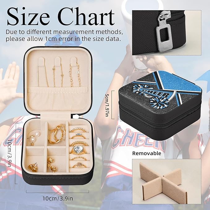 Cheerleader Travel Jewelry Case, Cheer Travel Jewelry Box for Women, Mini Jewelry Travel Case for Cheer Team, Cheerleader Gifts for Girls (Blue)