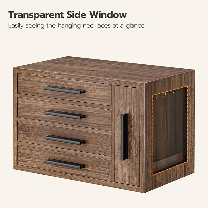 HOOBRO Jewelry Box for Women, Wooden Jewelry Organizer with Transparent Window, 4-Layer Jewelry Organizer Box, Jewelry Holder Organizer for Earrings, Necklaces, Rings, Walnut and Black BH09JB04