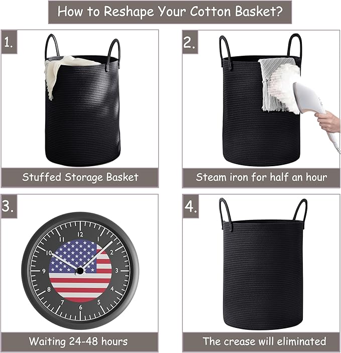 60L Black Woven Cotton Rope Laundry Hamper Basket for Clothes Tall Modern Blanket Storage Basket in Living Room Bedroom 15Dx20H inches