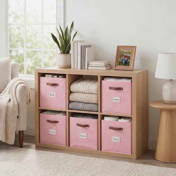 DECOMOMO Storage Baskets, 13x15x13 Storage Cube Bins with Labels for Organizing Shelves Kallax (Kallax / 4pcs, Pink)