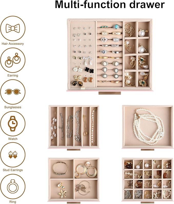 Frebeauty Clear Lid Jewelry Box,5-Layer Jewelry Organizer with Drawer,PU Leather Jewelry Organizers and Storage,Jewelry Boxes for Women,Jewelry Storage for Rings Earring Stud,Gift for Women(Pink)