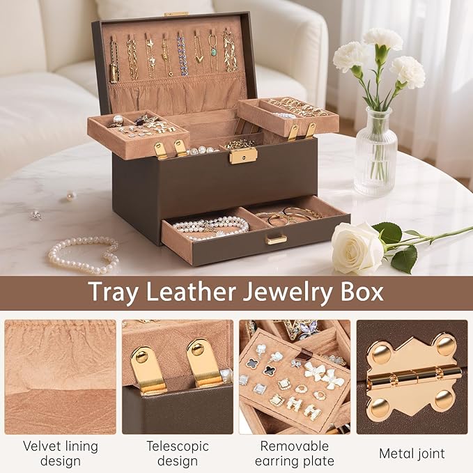 AKOZLIN Travel Jewelry Box Organizer Functional 2-trays Leather Jewelry Storage Case with Lockable Portable Drawer for Women Girls Ring Necklace Earring Bracelet