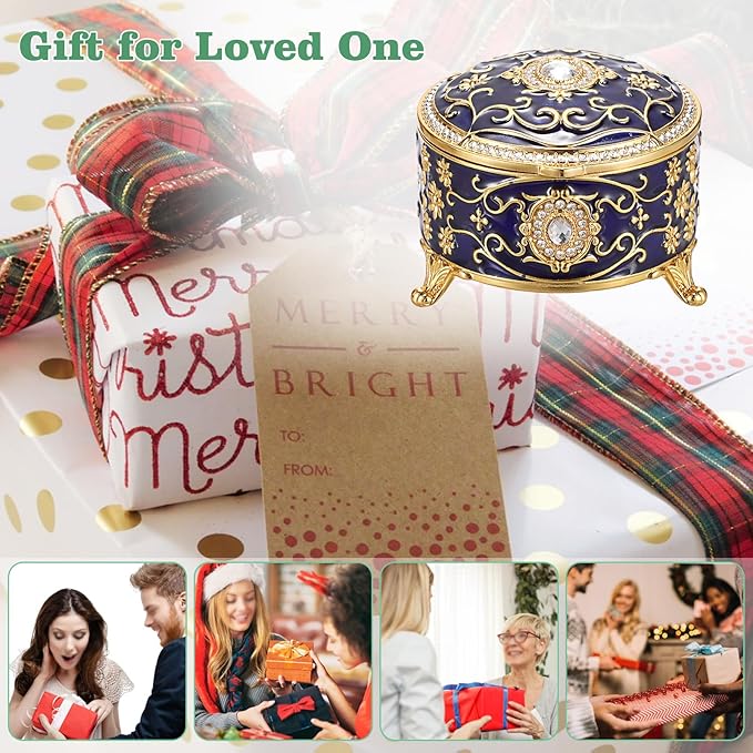 Hipiwe Vintage Jewelry Box Round Metal Treasure Chest Box Enameled Jewelry Trinket Box for Ring Earrings Necklace,Sparkling Keepsake Box Gift for Birthday Christmas,Blue