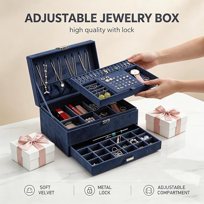 Jewelry Organizer Box for Women Girls, VintageJewelry Box 3-Tier Jewelry Display Case and Organizer,Lockable Jewelry Display Case Anti Tarnish,Varying Compartments for Bracelets, Rings (Blue)