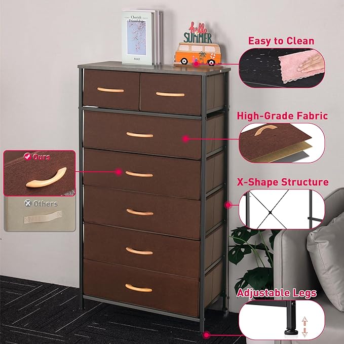 Mifuro Tall Dresser for Bedroom, Vertical Storage Organizer Tower with 7 Drawers, Chest of Drawers with Fabric Bins, Steel Frame, Wood Top for Bedroom, Closet, Entryway- Brown