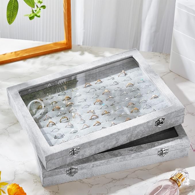 Yinkin 2 Pcs 100 Slots Ring Organizer Box with Transparent Glass Lid Necklace Display Tray Ring Case Velvet Jewelry Holder (Gray)