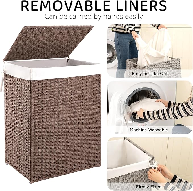 OIAHOMY Laundry Hamper with Lid, 90L(23.8 Gal) Large Wicker Laundry Basket for Bedroom, Handwoven Paper Rope Clothes Hamper with Washable Liner & Metal Frame, Decorative Organizer for Bathroom Brown