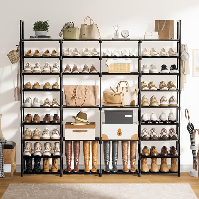 WOWLIVE 4 Row 9 Tiers Extra Large Shoe Rack 68-72 Pairs Big Tall Metal Shoe Shelf, Heavy Duty Organizer for Closet Entryway, Boot Rack Storage Stackable Stand for Garage Black