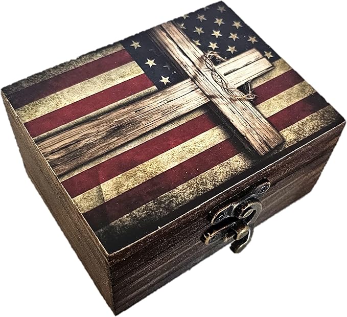 Patriotic Cross American Flag Trinket Box Rosary Jewelry Keepsake Box | US Flag Treasure Box, Patriot Gifts for Men Women Girls Gift Idea, Prayer, First Communion Box, Gifts for Home Décor (3USS)