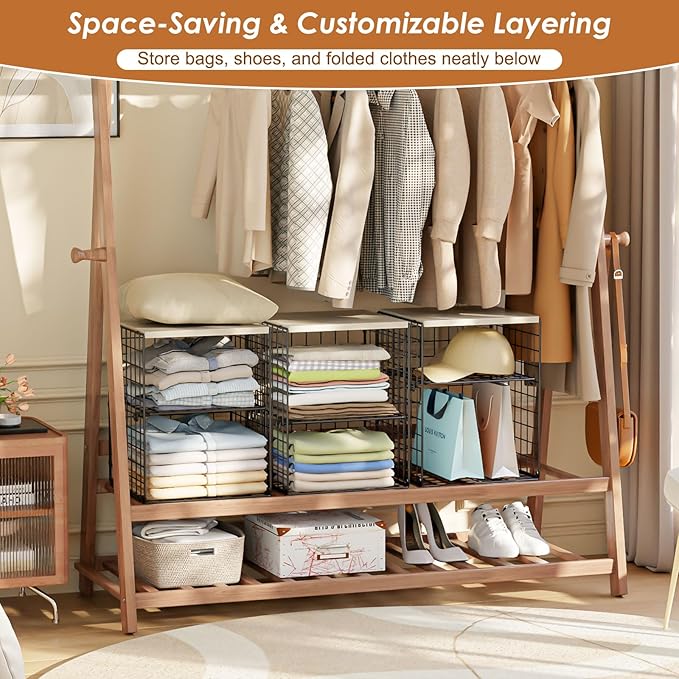4-Tier Stackable Closet Organizers and Storage, Adjustable Dividers & Wood Top Storage Shelves for Clothes, Wardrobe & Closet Storage Basket Bins/Cube, Space-Saving Closet Organizer System, Black