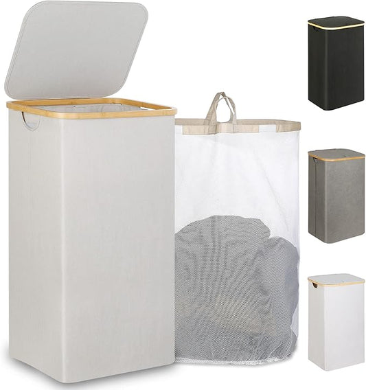 iEGrow 110L Laundry Basket with Lid, Laundry Hamper with Bamboo Handle,Clothes Basket Organizer with Removable Inner Bag for Clothes Toys Towels,Light Grey