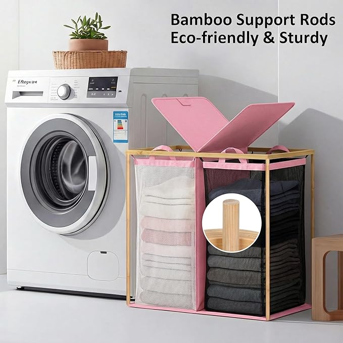 efluky Laundry Hamper with Lid, Double Laundry Hamper with 2 Removable Bags, 2 Section Laundry Basket with Bamboo Handles for Bathroom, Bedroom & Laundry Room (Pink, 140L Dual)