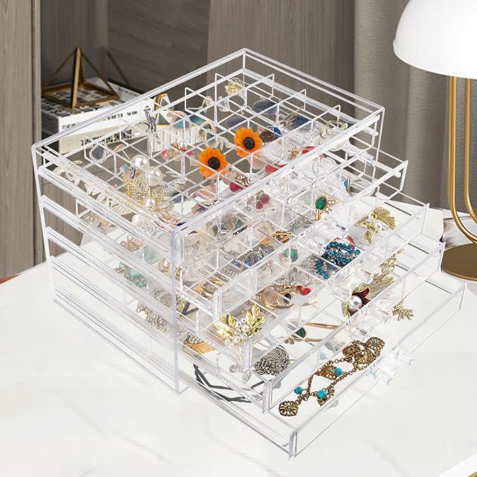 Ptaedex Jewelry Organizer Box, Acrylic Jewelry Holder Clear Jewelry Storage with 5 Drawers for Women Girls Men