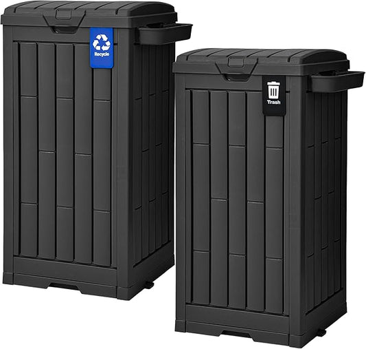 DWVO 38 Gallon Outdoor Trash Can, Set of 2 Resin Garbage Bins with Lids, Includes 2 Sorting Labels, Ash Holder, Stakes & Suction Cups, Hideaway Storage for Patio Backyard Garden, Black