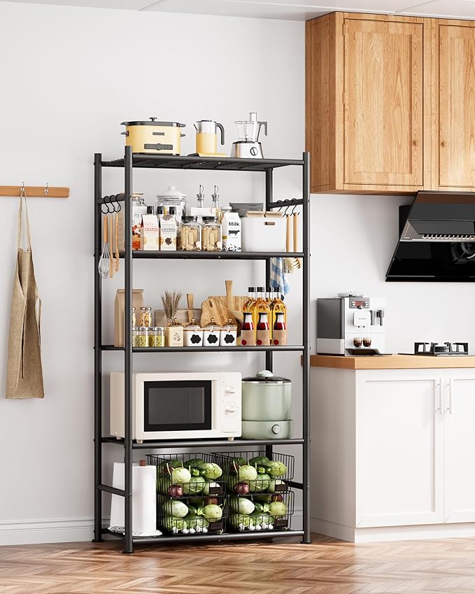 Sakugi Storage Shelves - 5-Tier Large Capacity Shelf Organizer with Hooks, Heavy-Duty Garage Shelving with Leveling Feet, Wobble-Free Rack for Bedroom, Balcony, Garage, 23.6"×13.7"×59", White