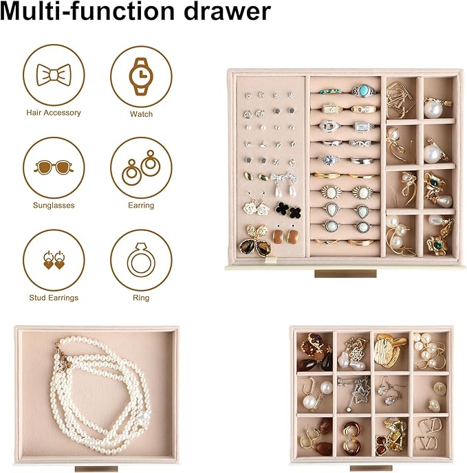 Frebeauty Clear Lid Jewelry Box,3-Layer Jewelry Organizer with Drawer,PU Leather Jewelry Organizers and Storage,Jewelry Boxes for Women,Jewelry Storage for Rings Earring Stud,Gift for Women(White)