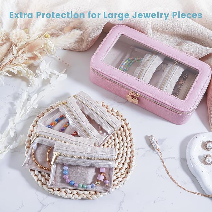 Lolalet 8 in 1 Travel Jewelry Case with Velvet Pouches, Clear Window Travel Jewelry Organizer Bags for Earrings, Bracelets, Necklaces and Rings, Compact Jewelry Storage for Women Girls -Pink, 7PCS