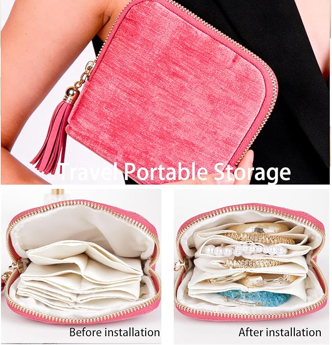 ASINGYER Travel Jewelry Storage Bag for Women, Velvet Portable Jewelry Organizer with Tassel Zipper, Small Pouches for Bracelets Necklaces Rings Earrings, Wedding Gift for Women (hot pink)