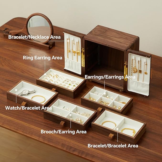 Solid Black Walnut Wood Jewelry Box for Women & Men, Large Velvet Lined Wooden Jewelry Organizer with 5 Drawers, Hand Carved Ginkgo Leaf Handles, Double Door Wardrobe Design