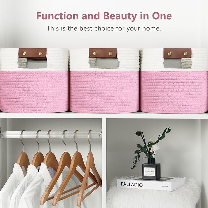 ECDYQXVU Cotton Rope Basket, Storage Baskets with Handle, 15x10x9 Inch Woven Basket for Shelves, Laundry, Towels, Clothes, Books (White/Pink 2Pack)