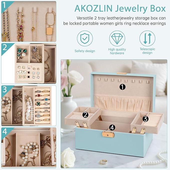 AKOZLIN Travel Jewelry Box Organizer Functional 2-trays Leather Jewelry Storage Case with Lockable Portable for Women Girls Ring Necklace Earring Bracelet