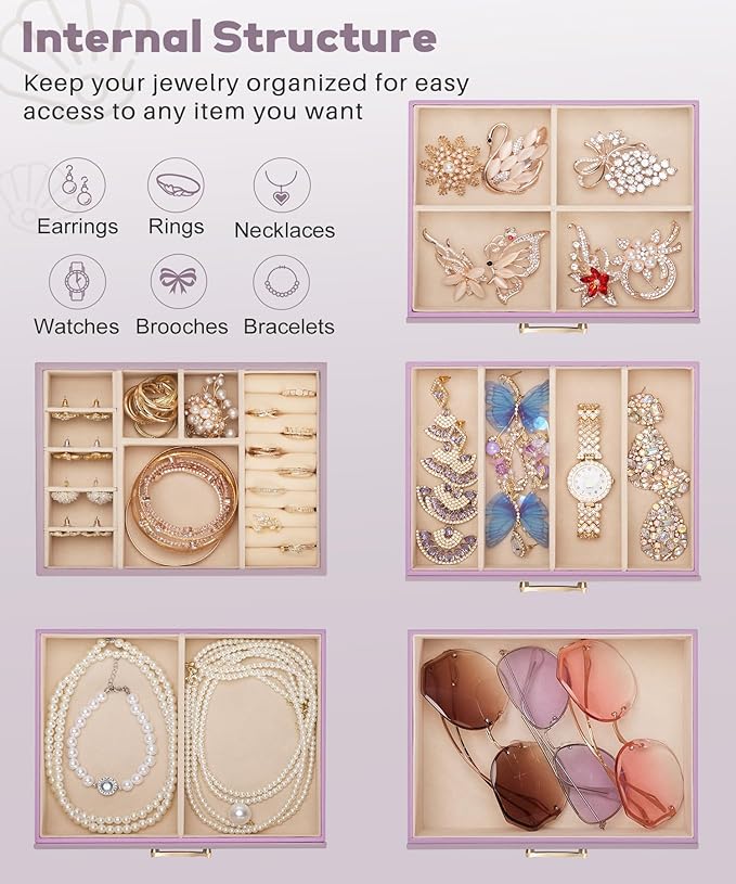 Enthralite Jewelry Box with 4 Drawers : Jewelry Display Organizer for Earrings Necklaces - Gift for Girls Women | Grey Purple