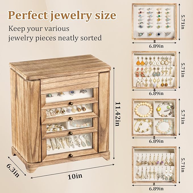 Large Jewelry Box & Organizer for Women, Wooden Jewelry Storage with 4 Transparent Drawers, Holds Necklaces, Rings, Bracelets, Earrings and Watches(Brown)