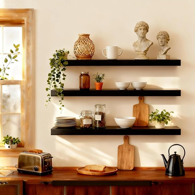 ROGMARS Black Wooden Floating Shelves for Wall 36 Inches Long,Rustic Solid Wood Farmhouse Wall Shelves with Invisible Brackets for Bathroom, Living Room, Bedroom, Kitchen Set of 3