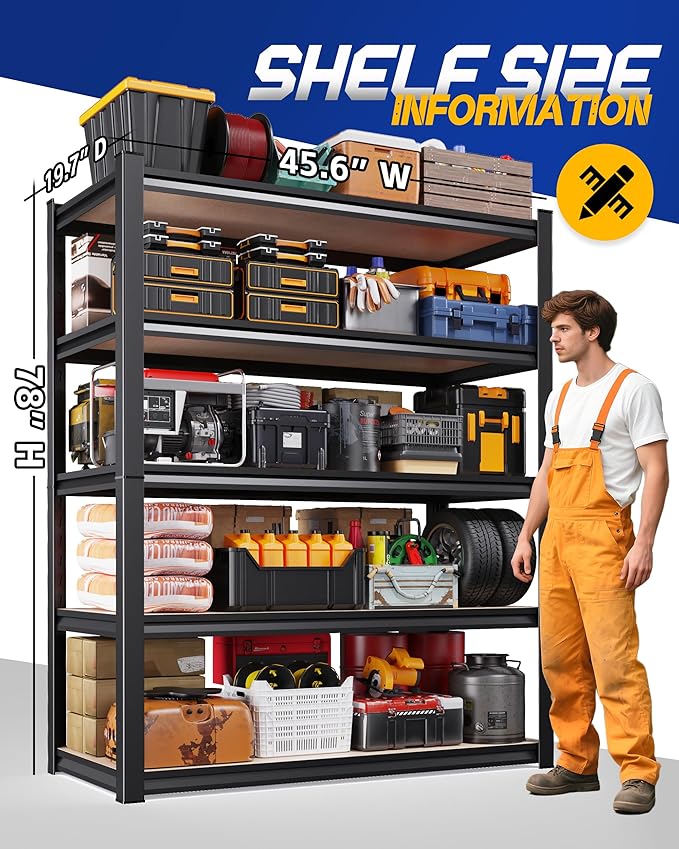 Set of 3 Storage Shelves, 5-Tier Garage Shelving Heavy Duty, Home Storage Rack, Utility Metal Shelf, Adjustable Shelving Unit, for Dorm, Basement, Kitchen,19.7" D x 45.6" W x 78" H, Black