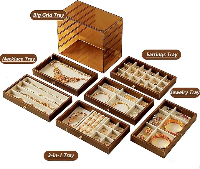 Wooden Jewelry Box Organizers and Storage for Girls Women 6 Drawers Multi-Layer Storage Case for Rings Earrings Necklaces Bracelets Vintage Box
