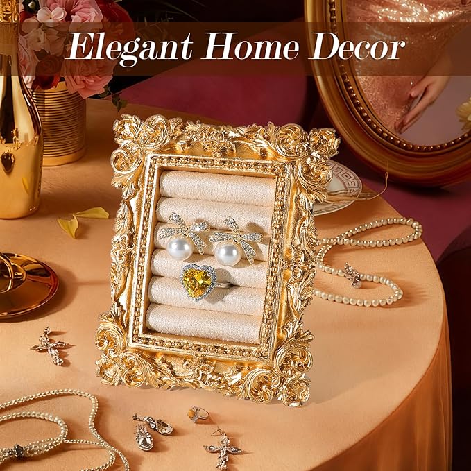 Vintage Ring Holder Rectangle Gold Velvet Display Stand - Baroque Jewelry Organizer Box Tray for Wedding Engagement Anniversary Women Birthday Christmas Gift Photograph Prop (MPF05-Gold White)