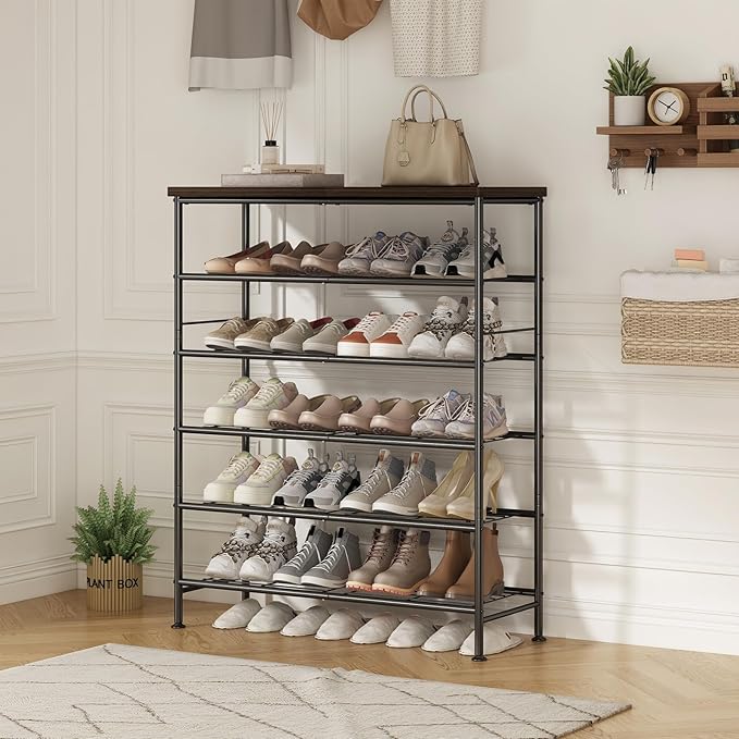 SUOERNUO Shoe Rack Organizer 6 Tier for Closet Entryway Free Standing Metal Storage Shoe Shelf with MDF Top Board，Black