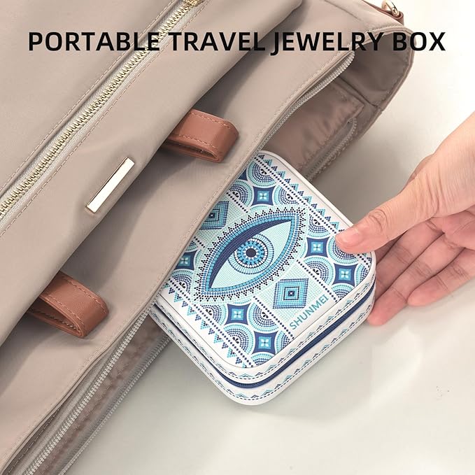 shunmei Mini Travel Jewelry Box,PU Leather Portable Jewelry Organizer Case,Art Accessories Storage Holder Boxes for Earring, Necklace, Rings, Bracelets (White Eyes)