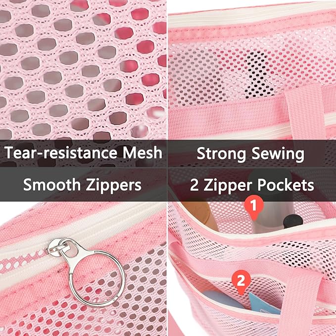 Fammart Mesh Shower Caddy Portable with Zipper & 2 Pockets - Quick Dry Shower Caddy Hanging for Travel Gym Camp Beach - Organizer Bag Bathroom Essentials for College Dorm