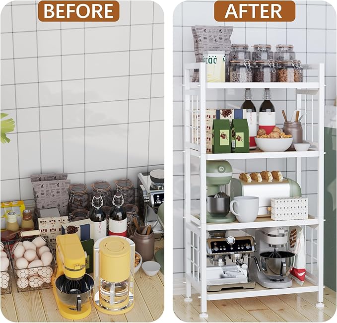 GIOTORENT 4-Tier Pantry Shelves with Wooden Boards, Heavy Duty Storage Shelves & Book Shelf, Adjustable Metal Shelving Unit for Kitchen Bathroom Laundry Organizer, Sturdy Rust-Resistant, Black