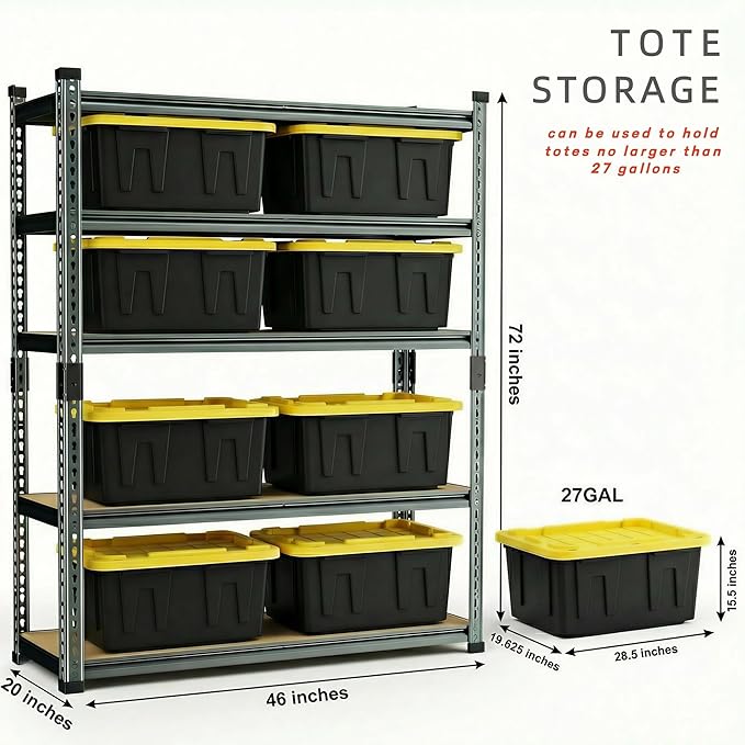 Garage Shelving Heavy Duty, 3000LBS Metal Storage Shelves 5 Tier, Adjustable Shelving Unit 46" W x 20" D x 72" H, Boltless Garage Storage Rack for Garage Basement, Pantry, Warehouse 1Pcs