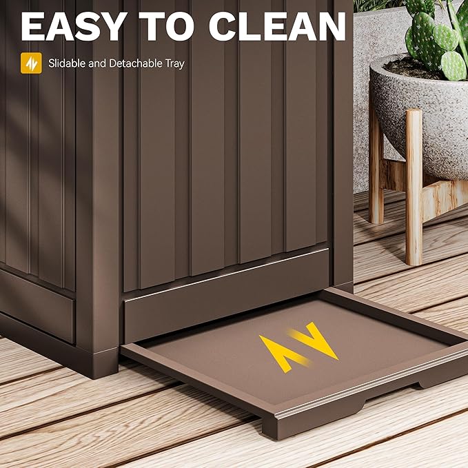 DWVO 36-Gallon Outdoor Trash Can with Fabric Bag, Tiered Lid & Drip Tray, Waterproof Resin Garbage Bin for Patio, Deck, and Backyard, Dark Brown