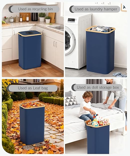 Recycling Bins for Kitchen, 26 Gallon (100L) Recycle Bin with lid, Indoor Oxford Fabric Recycling Trash Can with 2 Pack Removeable and Reusable Inner Bags for Bottle Can Glass Plastic Sticker, Blue