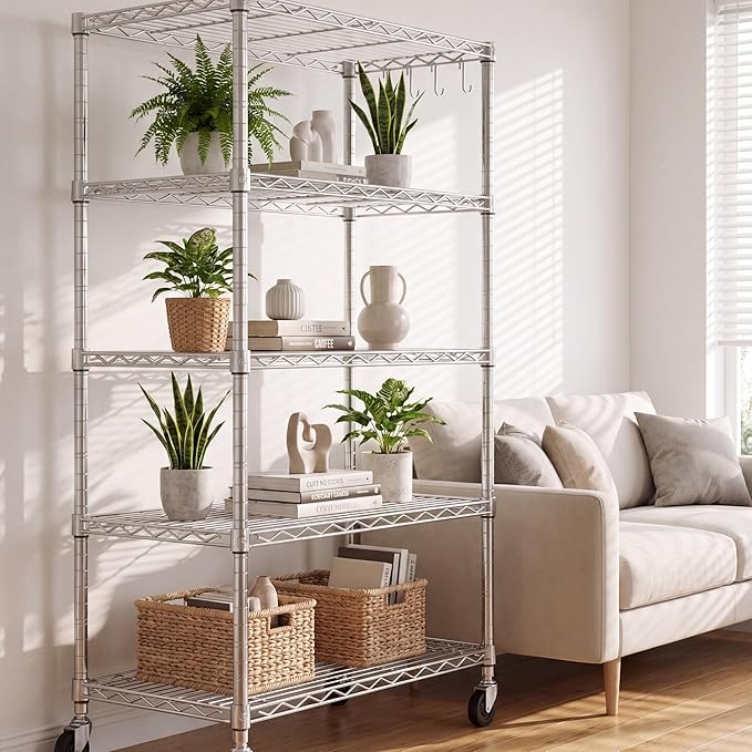 PrimeZone 75" H Wire Shelving 5 Tier Slim Steel Storage Metal Shelves with Wheels,Adjustable Kitchen Utility Shelving Unit,Pantry Rack Rolling Metal Shelf Chrome 24" Wx18 Dx75 H