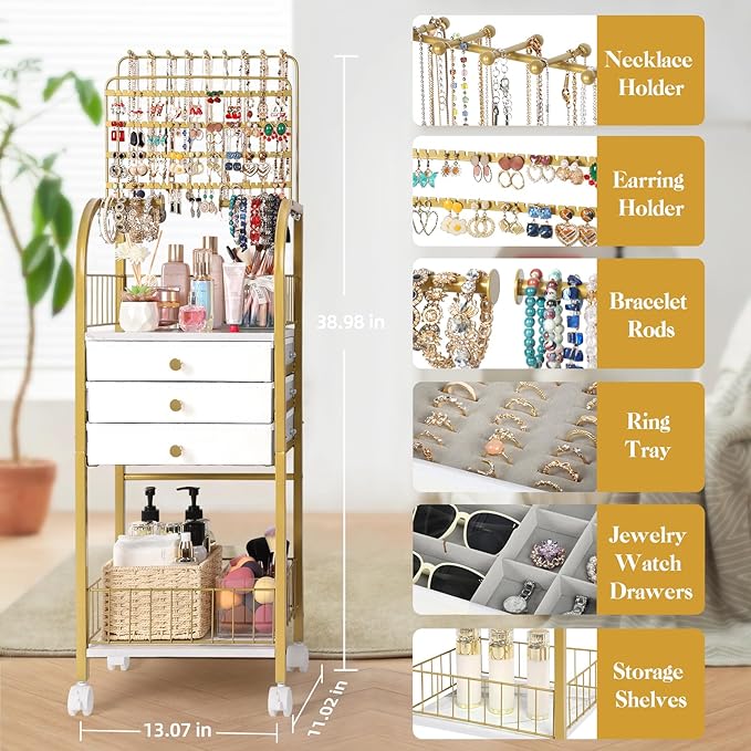 Keebofly Large Jewelry Organizer Stand with 3 Box Drawer - Necklace Organizer Earring Storage Armoire Holder with Display for Earring Necklace Ring Bracelet Gold