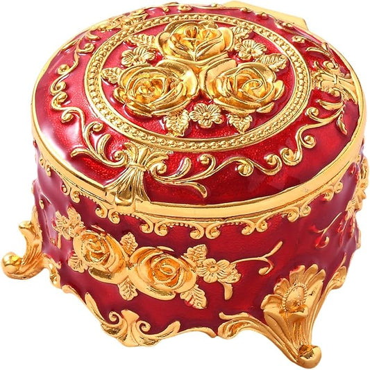 Vintage Jewelry Box, Gold Round Treasure Ring Box, Metal Trinket Organizer Keepsake Box Gift for Girl Women, Red