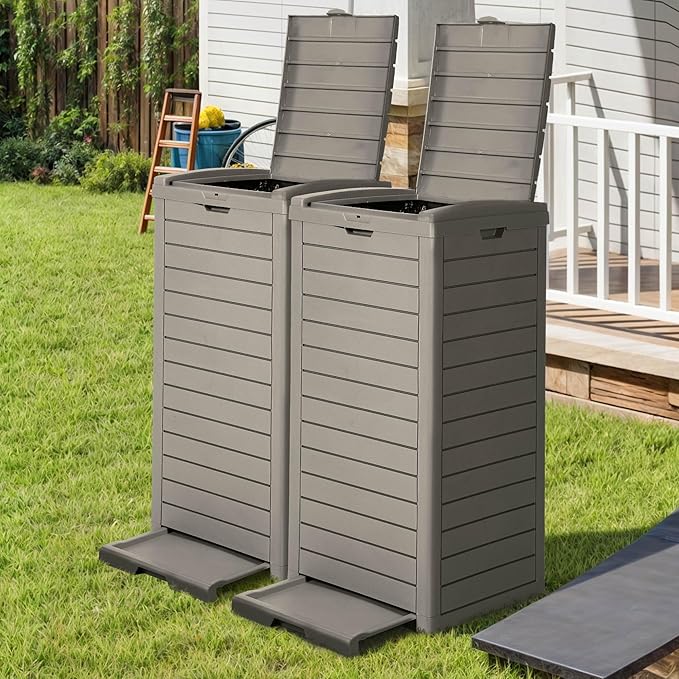 DWVO 38 Gallon Large Outdoor Trash Can, 2-Pack Waterproof Resin Hideaway Garbage Bin with Lid and Drip Tray, Outside Trash Bin for Porch, Backyard, Deck, Patio, Poolside, Easy to Clean, Taupe