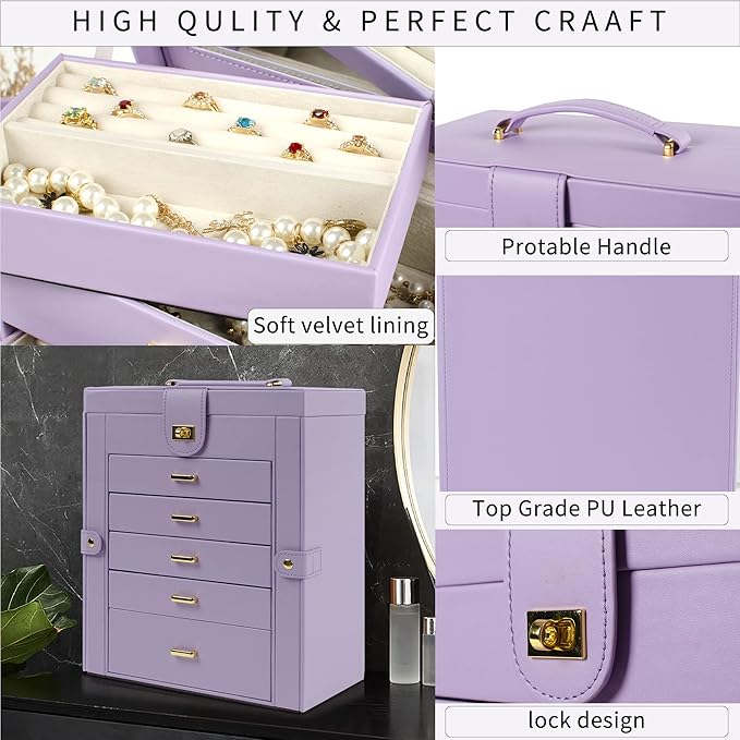 AKOZLIN Large Jewelry Box Organizer Functional with Big Mirror, Leather Jewelry Storage Case for Women Girls Ring Necklace Earring Bracelet Holder Organizer Violet