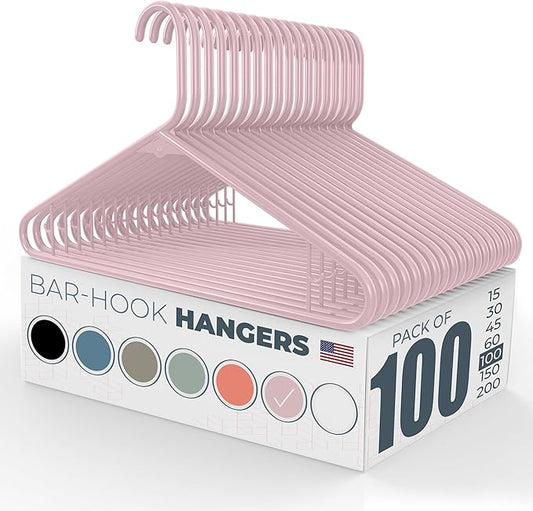 Neaties Plastic Hangers 100 Pack – Made in The USA – 6lb Capacity Standard Clothes Hangers with Strap Hooks for Dresses, Lingerie, Shirts, Pants, and Jackets – Pink