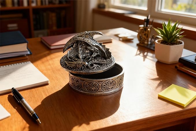 Dragon Statue Jewelry Box, Medieval Fantasy Myth Dragon With Cover Treasure Box, Dragon Statue Decoration Collection Gift Box. (Sliver)